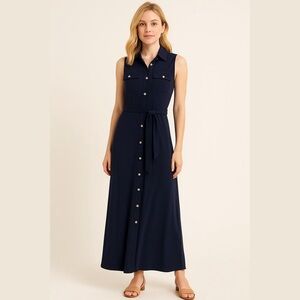 Chelsea Taylor Navy Gold Buttons Belted Maxi Dress Side Splits 18 Inches Sz 6